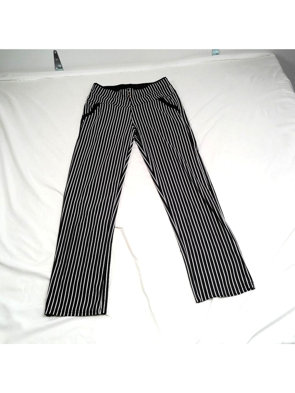 Lemite Women’s Black White Pinstripe Pants Size M Pull-On Straight Leg
